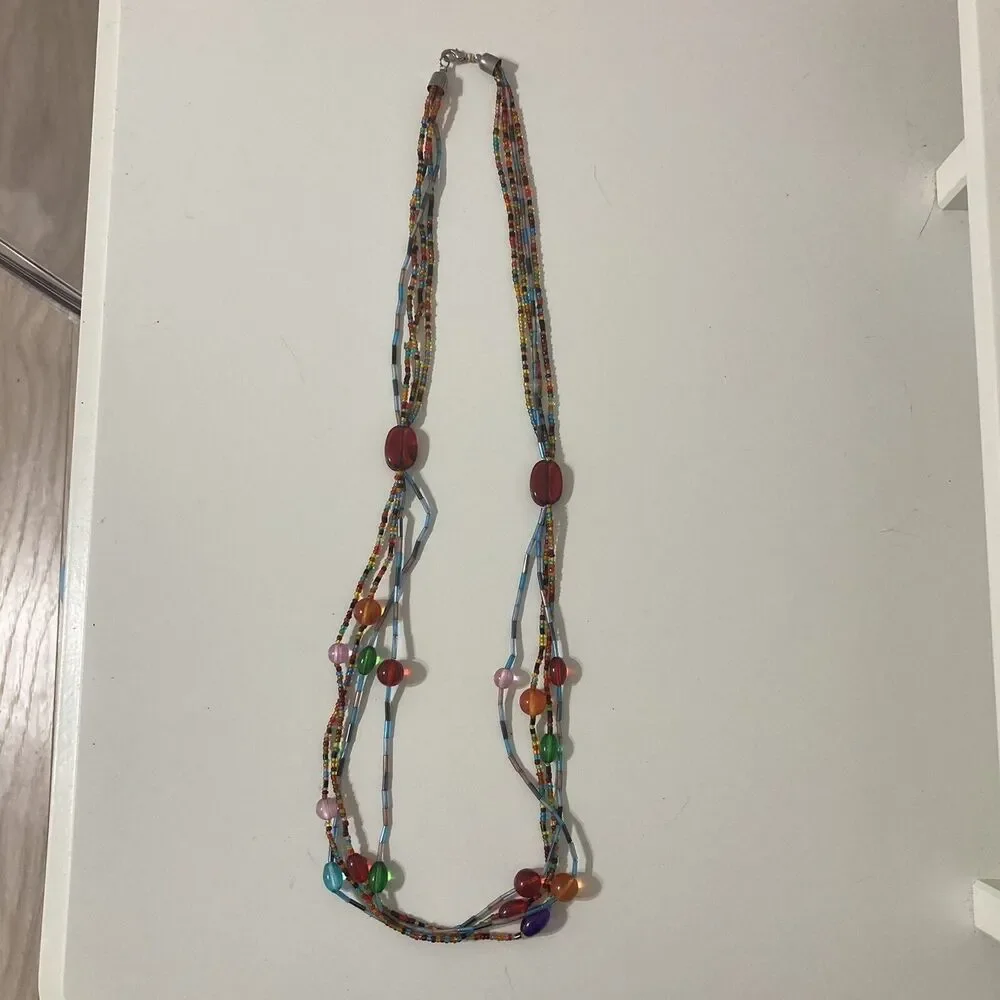 Multi-strand Layered Seed Bead Bead Necklace Bohemian Red Orange Green Long